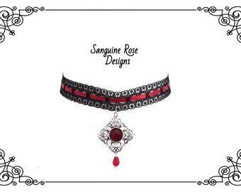 RED LACE CHOKER, Choker Necklace, Gothic Choker, Elegant Choker, Pendant Choker, Victorian Choker, Adjustable Choker, Various Sizes