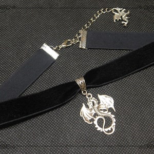 Dragon Choker Necklace, Black Velvet Choker Collar, Gothic Dragon Pendant
