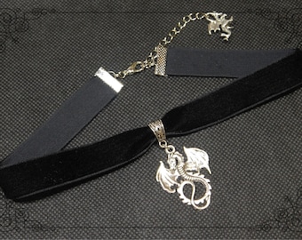 Dragon Choker Necklace, Black Velvet Choker Collar, Gothic Dragon Pendant