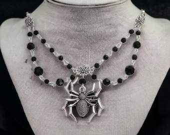 BLACK BEADED SPIDER Necklace, Gothic Jewelry, Gothic Spider Necklace, Halloween