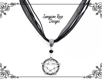 Black Cord Pentagram Necklace, Silver Pentacle Pendant