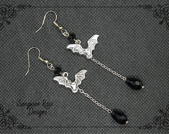 GOTHIC BAT EARRINGS, Long Drop Bat Clip On Or Pierced Earrings, Silver Bat Jewellery