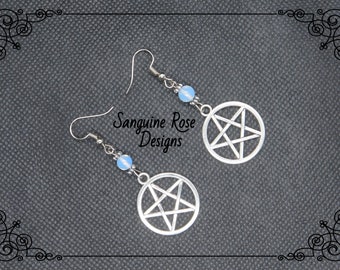 PENTAGRAM MOONSTONE EARRINGS, Pagan Earrings, Moonstone Earrings, Wicca Earrings, Pendant Earrings, Silver Earrings, Dangle Drop Earrings