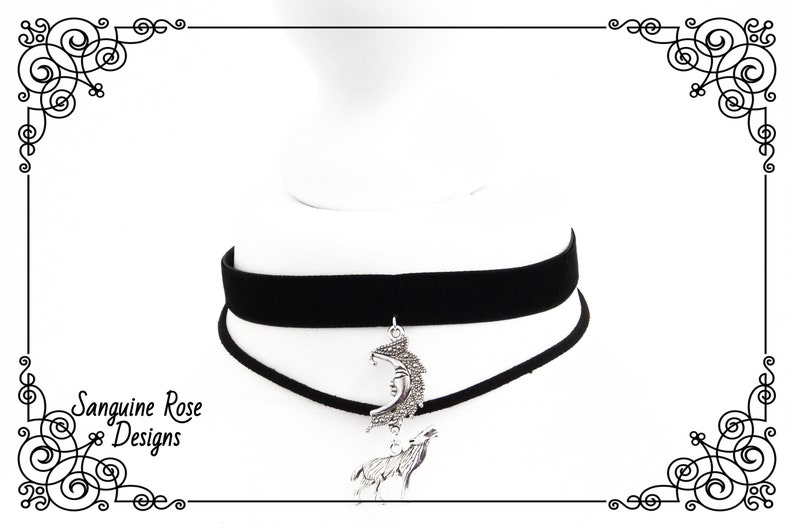 WOLF MOON DOUBLE Choker Necklace, Gothic Choker, Double Necklace, Wolf Moon Choker, Black Velvet Choker, Adjustable, Various Sizes image 7