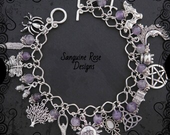 PAGAN AMETHYST BRACELET, Wicca Amethyst Charm Bracelet