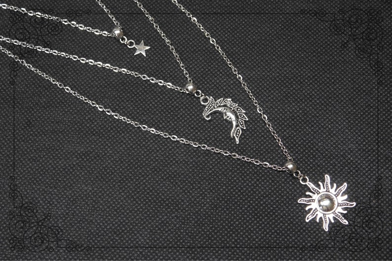 SUN MOON STAR Necklace, Triple Necklace, Pagan Necklace, Celestial Necklace, Wicca Necklace, Silver Necklace, Handmade, Adjustable image 6