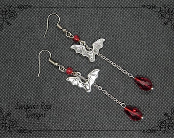 RED BAT EARRINGS, Drop Bat Clip On Or Pierced Earrings, Silver Bat Jewellery