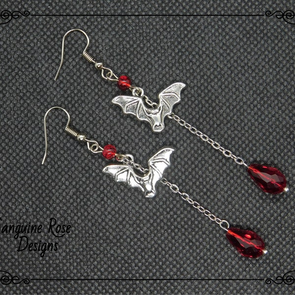 RED BAT EARRINGS, Drop Bat Clip On Or Pierced Earrings, Silver Bat Jewellery