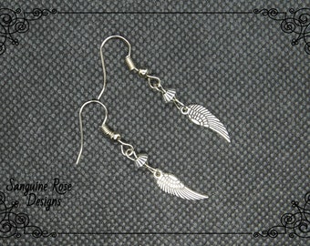 Dainty Angel Wing Earrings, Silver Dangle Earrings, Folklore Style