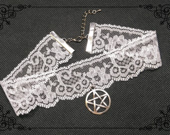 Pentacle Choker Necklace - Wiccan Jewelry - Pagan Ivory Lace Collar - Handfasting Jewelry