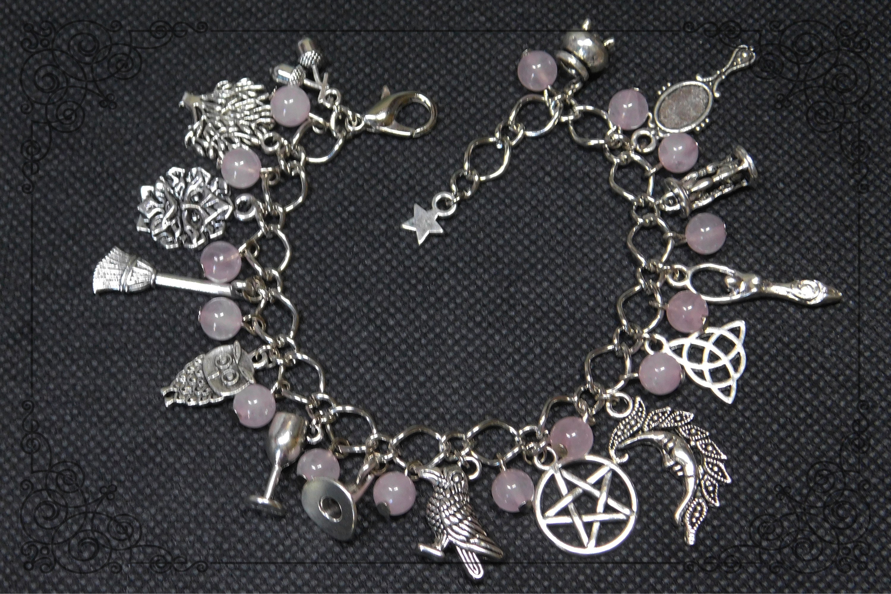 10 Clip on Wiccan Bracelet Charms Pentacle Athame Chalice Witch Tree  Triquentra Sun Moon Bos Goddess Wicca Pagan Silver 