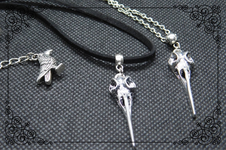 RAVEN SKULL CHOKER Halskette, wählen Sie Länge, schwarz oder silber Raben Schädel Halskette, heidnischen Vogel Schädel Halskette, Gothic Raben Anhänger Bild 3