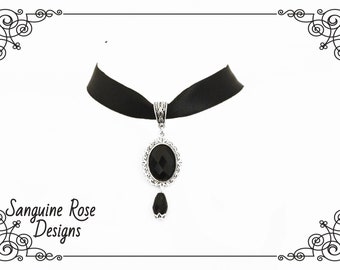 BLACK PENDANT CHOKER Necklace, Gothic Choker, Elegant Black Satin Choker, Pendant Choker, Victorian Choker, Adjustable Choker, Various Sizes