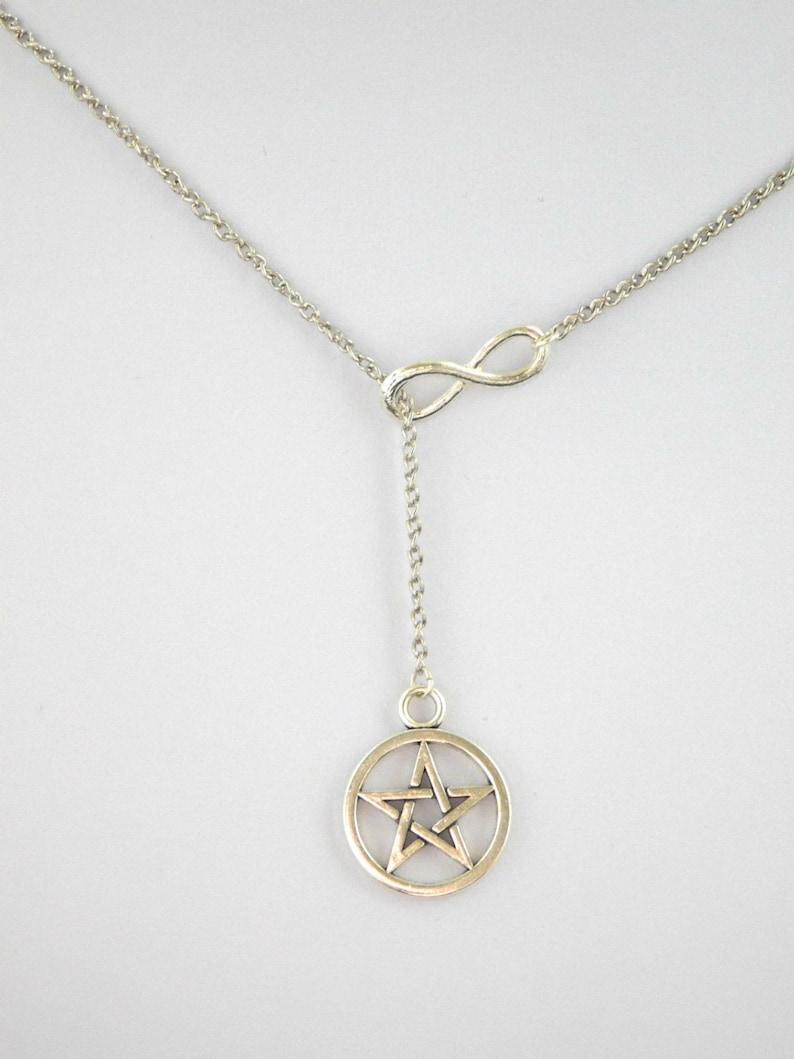 Silver Necklace Lariat Pentagram Necklace Wicca Necklace PENTAGRAM INFINITY Y Necklace Pendant Pagan Necklace