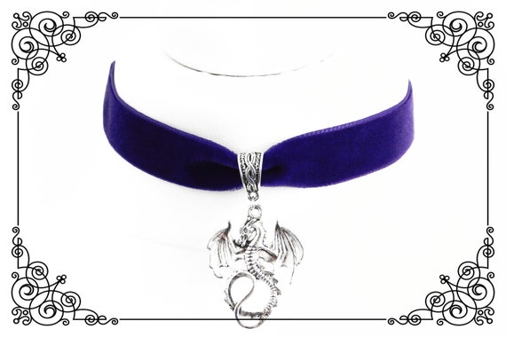 *MYSTICAL WINGED DRAGON* Black Velvet Ribbon Choker Necklace GOTHIC WICCA PAGAN