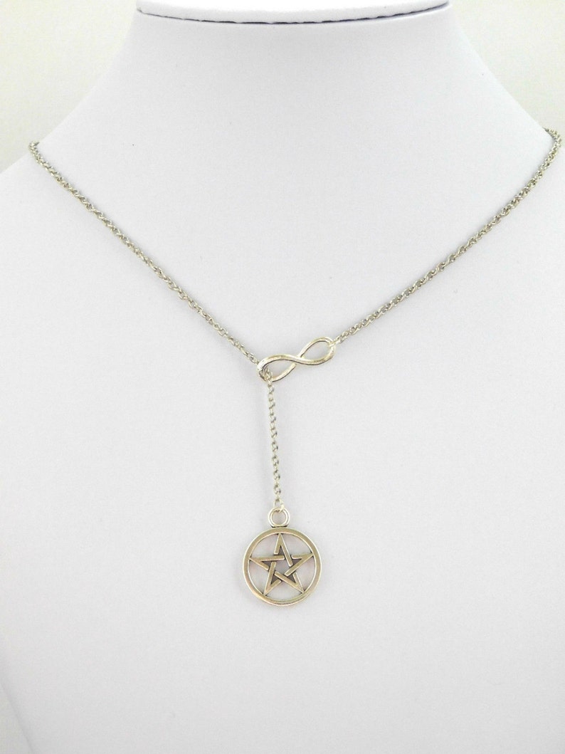 Silver Necklace Lariat Pentagram Necklace Wicca Necklace PENTAGRAM INFINITY Y Necklace Pendant Pagan Necklace