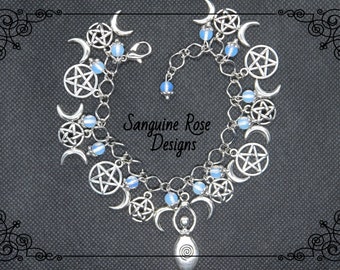 TRIPLE MOON MOONSTONE Charm Bracelet, Pagan Charm Bracelet, Triple Goddess Jewellery, Gemstone Pagan Bracelet, Pentagram Bracelet