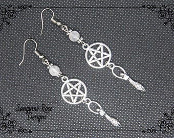 PENTAGRAM GODDESS ROSE Quartz Earrings, Pagan Wicca Clip On Or Pierced Earrings, Goddess Jewellery