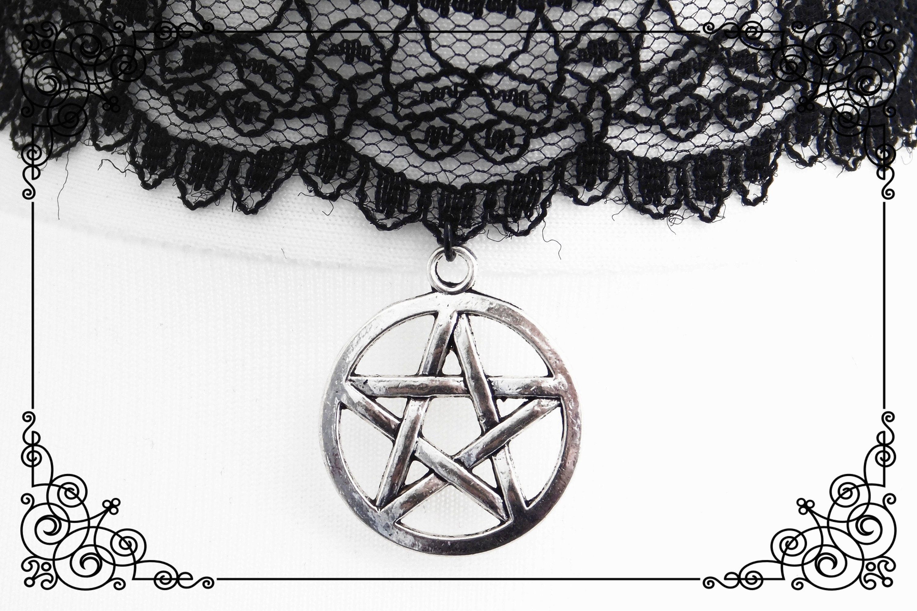 PENTAGRAM PENTACLE BLACK Lace Choker Necklace, Gothic Black Choker ...