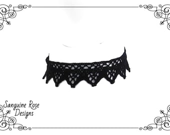 Black Crochet Lace Choker: Gothic Victorian Necklace, Adjustable Size