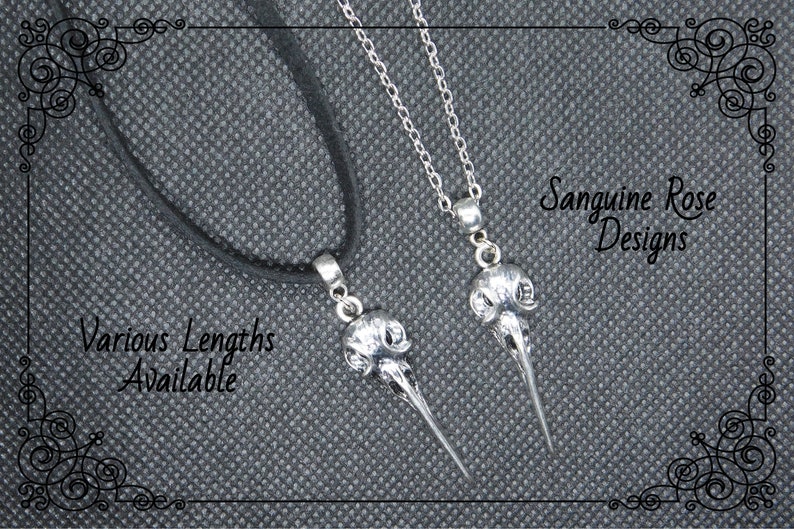 RAVEN SKULL CHOKER Necklace, Choose Length, Black or Silver Raven Skull Necklace, Pagan Bird Skull Necklace, Gothic Raven Pendant image 1