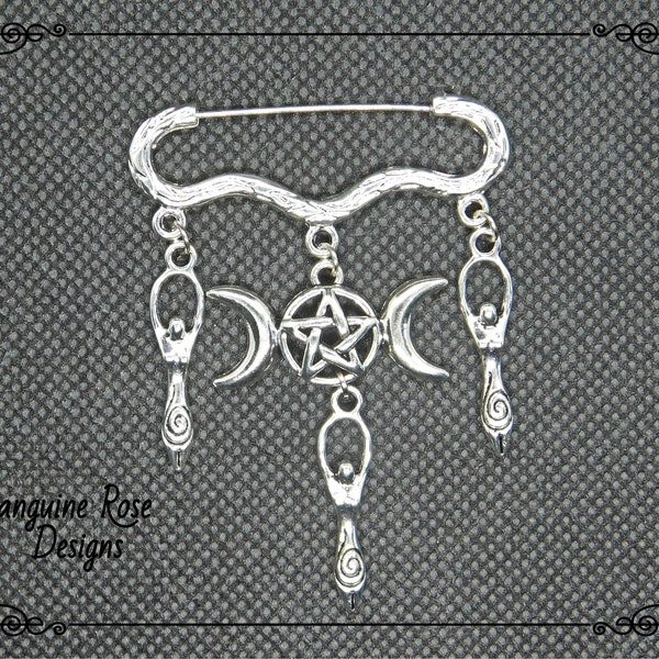 TRIPLE GODDESS BROOCH, Triple Moon Brooch, Goddess Jewellery, Silver Brooch, Cloak Jewellery, Pagan Brooch, Wicca Brooch, Silver Pin