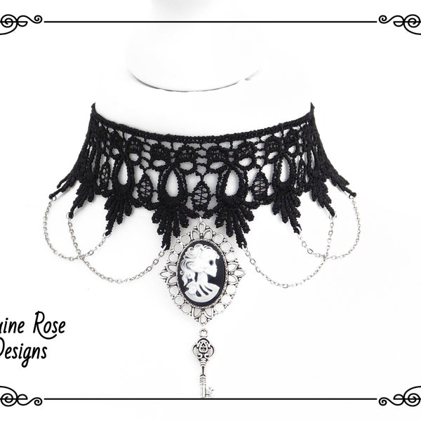 LADY SKULL CAMEO Choker Necklace, Black Lace Chain Key Choker, Gothic Black Lace Skull Choker, Handmade, Adjustable, Various Sizes