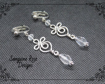 CELTIC CLIP ON Crystal Earrings, Pagan Wicca Goddess Earrings, Crystal Silver Pagan Earrings