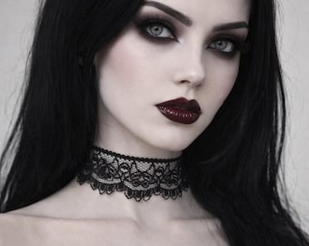 Black Lace Choker Necklace, Gothic Victorian Style, Handmade, Adjustable