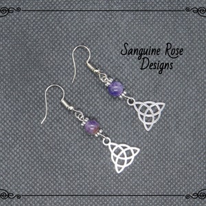 Boucles d&#39;oreilles païennes en améthyste TRIQUETRA, boucles d&#39;oreilles wicca en argent, boucles d&#39;oreilles pendantes faites main