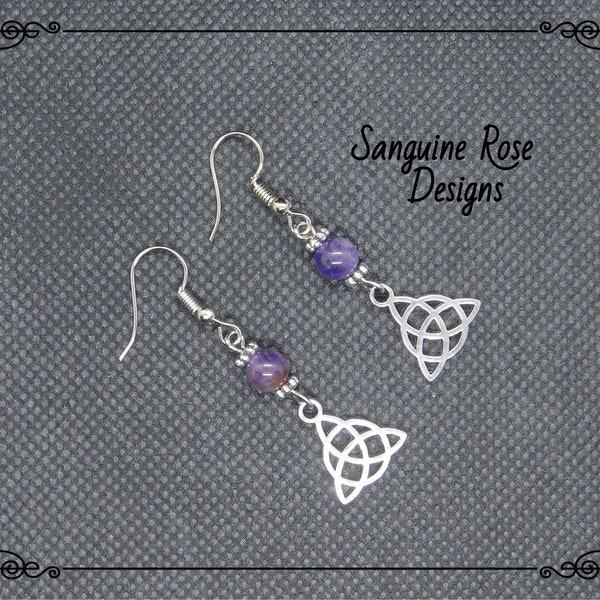 AMETHYST TRIQUETRA PAGAN Earrings, Silver Wicca Earrings, Handmade Dangle Earrings