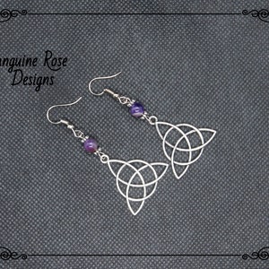 Boucles d&#39;oreilles païennes en améthyste TRIQUETRA, grandes boucles d&#39;oreilles wicca en argent, boucles d&#39;oreilles pendantes faites main