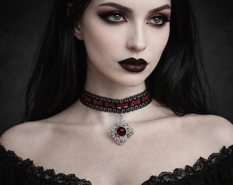VICTORIAN GOTHIC PENDANT Choker, Black And Red Lace Choker, Gothic Pendant Choker, Handmade, Adjustable, Various Sizes