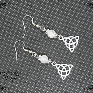 TRIQUETRA ROSE QUARTZ Earrings, Celtic Pagan Wicca Clip On Or Pierced Earrings, Gemstone Earrings, Dangle Drop Earrings