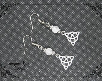 TRIQUETRA ROSE QUARTZ Earrings, Celtic Pagan Wicca Clip On Or Pierced Earrings, Gemstone Earrings, Dangle Drop Earrings