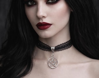 PENTAGRAM CHOKER NECKLACE, Black Lace Choker, Pagan Choker, Wicca Choker, Witch, Pentagram Jewellery, Handmade, Adjustable, Various Sizes