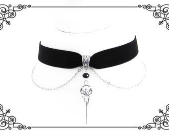 RAVEN SKULL CHAIN Black Velvet Choker Necklace | Gothic Raven Choker | Pagan Wicca Raven Choker | Various Sizes Choker | Adjustable