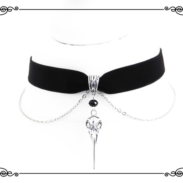 RAVEN SKULL CHAIN Black Velvet Choker Necklace | Gothic Raven Choker | Pagan Wicca Raven Choker | Various Sizes Choker | Adjustable