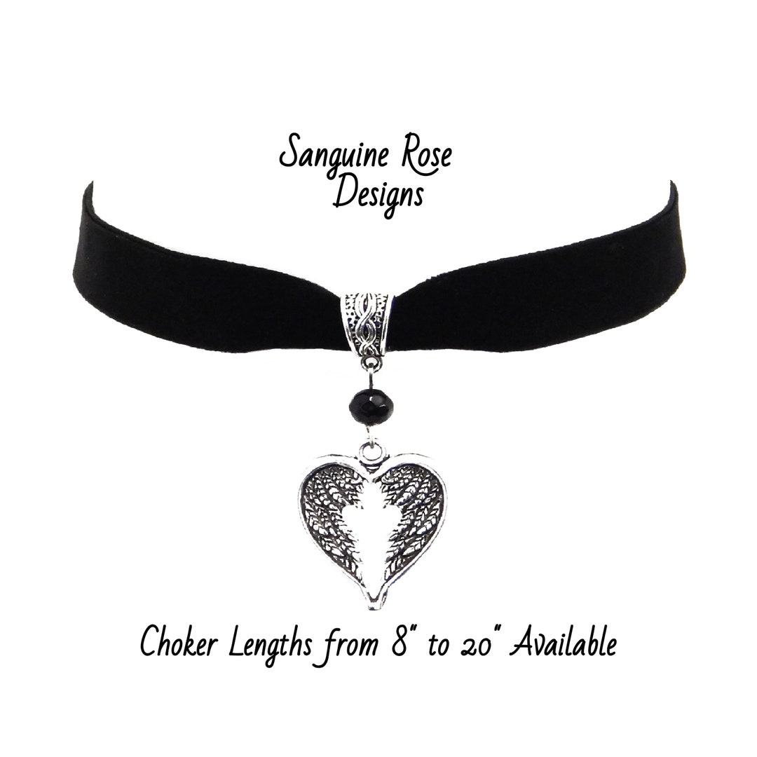 Design Black Satin Choker Angel Wing Choker Necklace Silver Angel