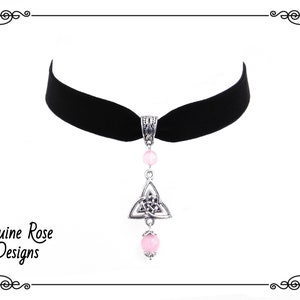 Rose Quartz Triquetra Choker Necklace - Celtic Jewellery - Pagan Black Velvet Collar - Adjustable Gemstone Choker