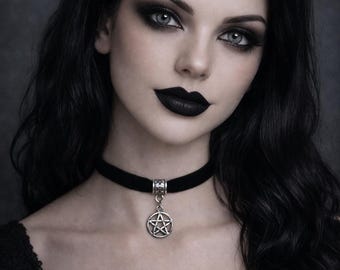 Pentagram Charm Choker, Black Velvet, Wiccan Pagan Necklace