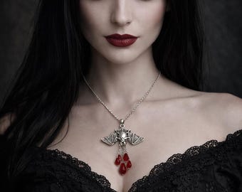 Silver Bat Necklace with Red Teardrop Beads – Gothic Vampire Jewelry, Victorian Horror Pendant
