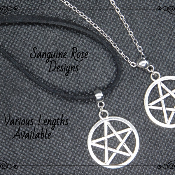 PENTAGRAM PENTACLE NECKLACE, Pagan Wicca Pentagram Pendant, Black Velvet or Silver Chain Pentagram Necklace, Various Lengths, Adjustable