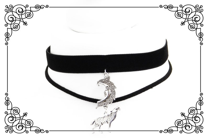 WOLF MOON DOUBLE Choker Necklace, Gothic Choker, Double Necklace, Wolf Moon Choker, Black Velvet Choker, Adjustable, Various Sizes image 6