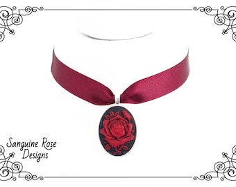 ROSE DARK RED Choker Necklace, Burgundy Rose Choker, Gothic Red Choker, Pagan Red Choker, Burgundy Satin, Adjustable, Various Sizes