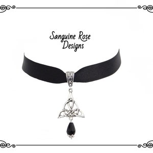 TRIQUETRA CELTIC Choker Necklace, Black Satin Choker, Pagan Choker, Wicca Choker, Handmade, Adjustable, Various Sizes