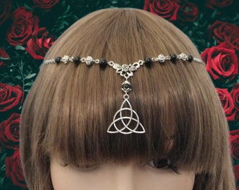 ZWARTE ONYX CIRCLET, Triquetra Handfasting Circlet ketting, verschillende edelstenen, heidense Wicca haarsieraden, heidense Wicca hoofdtooi