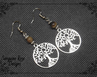 TREE OF LIFE Tigers Eye Earrings, Pagan Wicca Clip On Or Pierced Earrings, Pagan Earrings, Wicca Earrings, Dangle Drop Earrings