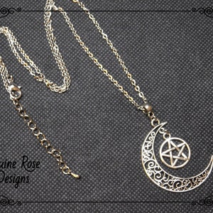 Crescent Moon Pentagram Necklace | Pagan Wicca Half Moon Necklace | Gothic Witch Pendant | Celestial Necklace | Customisable Moon Necklace