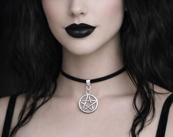 Dainty Pentagram Charm Choker: Black Velvet, Adjustable Witch Necklace